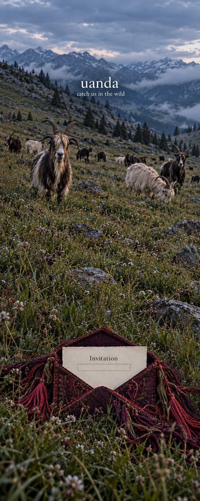 Goats grazing on a mountain meadow at dusk, with an embroidered envelope holding an invitation. uanda — catch us in the wild.
